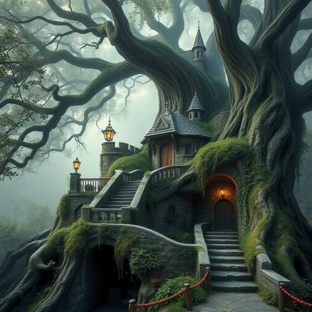 Fantasy Castle Embraced by Nature in Hyperdetailed Style