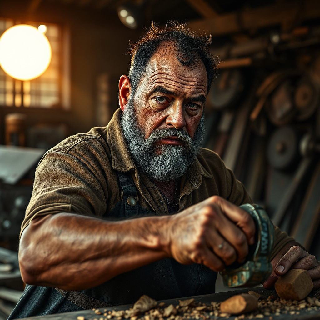 Stoic Carpenter Working as the Sun Sets