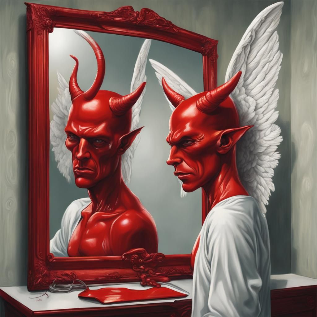 Devil and Angel Mirror Reflection in Surreal Style