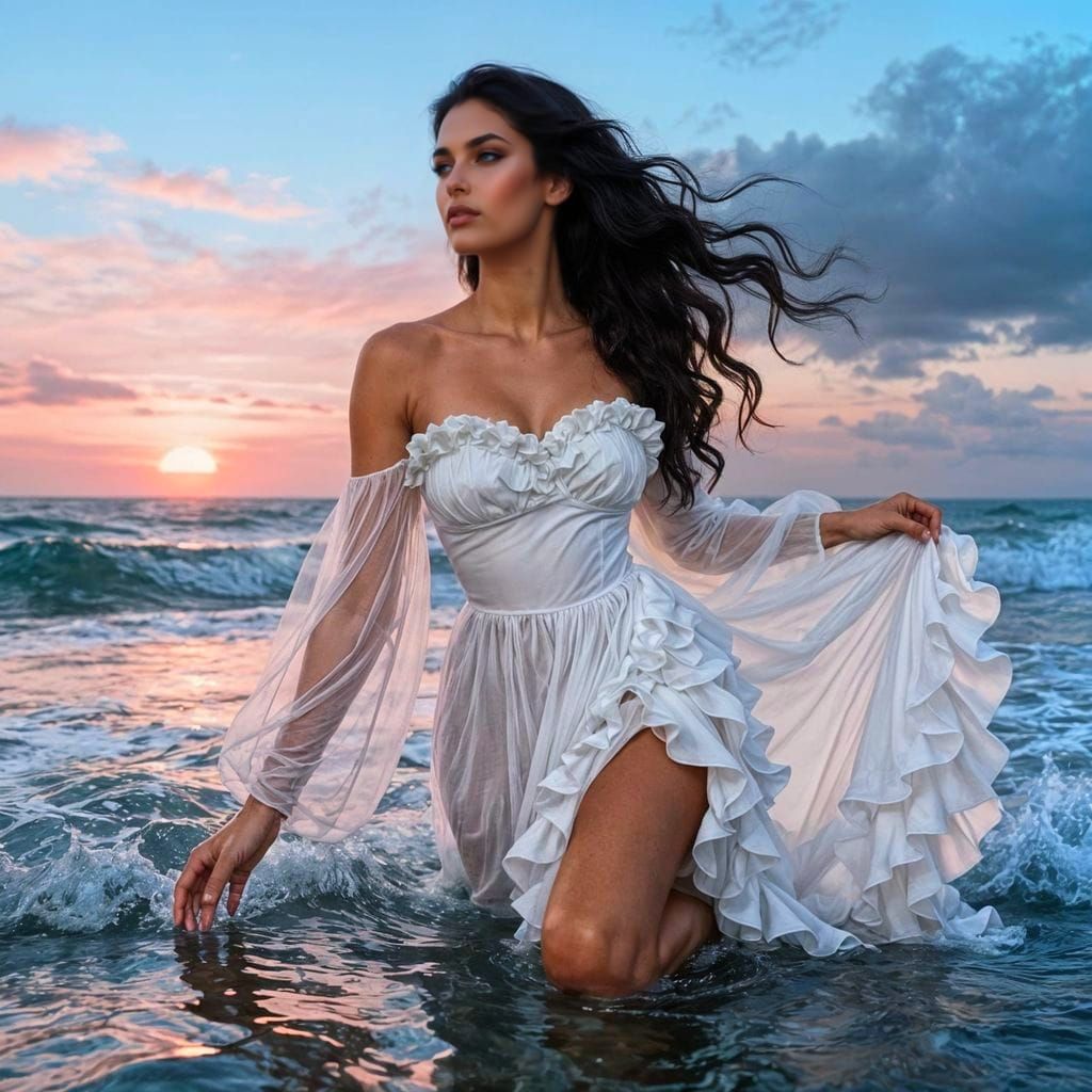 Woman Kneeling in Ocean Sunset