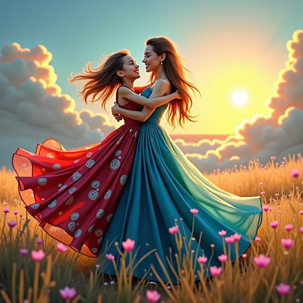 Mother and Daughter Embrace in High Fashion