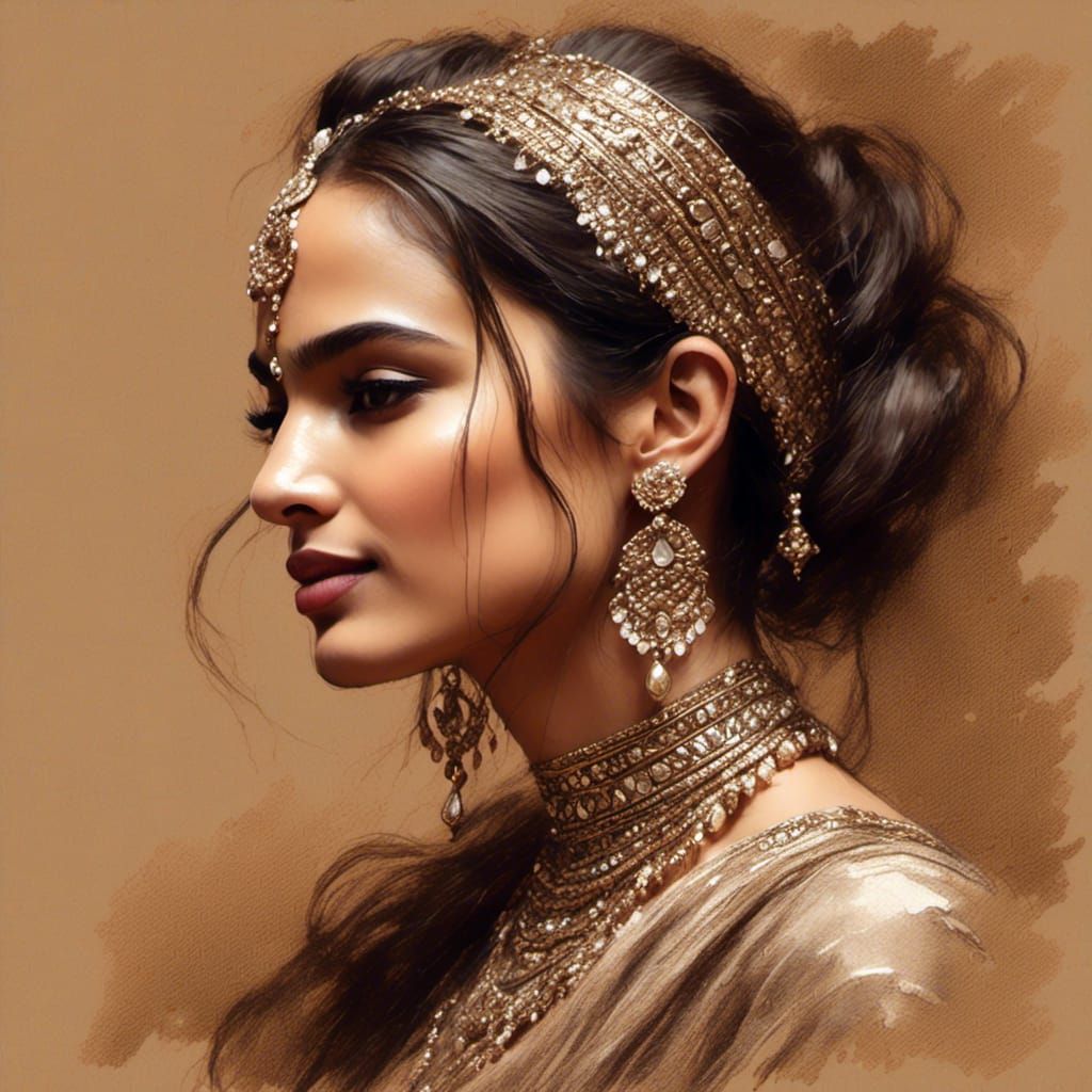 Elegant Indian Actress Portrait in Pencil Sketch Style