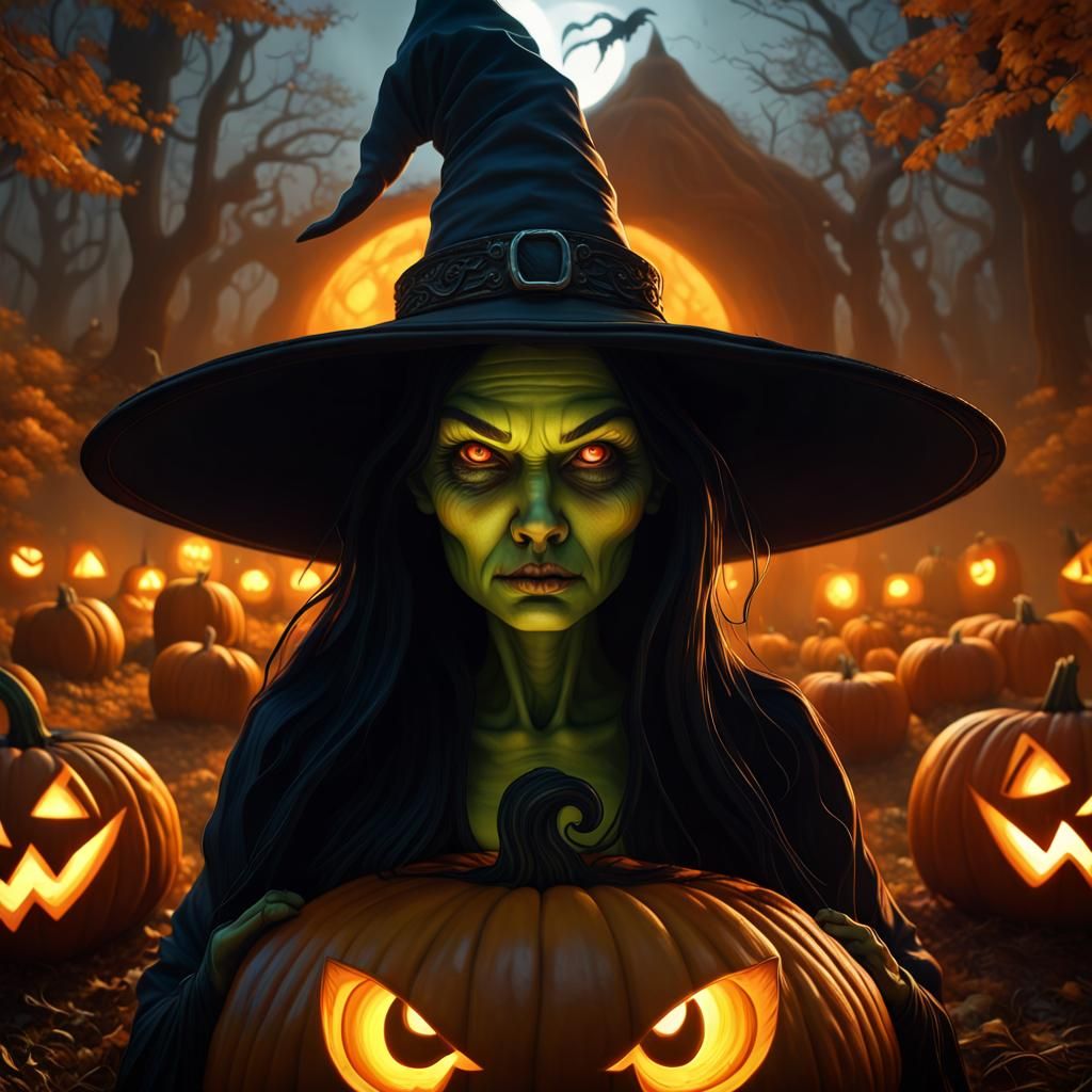 Eerie Witch Jack-O'-Lantern in Dark Fantasy Style