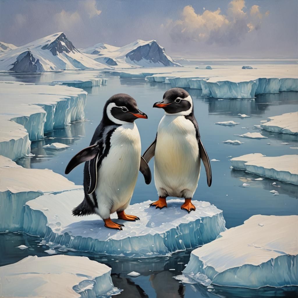 Cute Penguin on Iceberg as Oil Painting