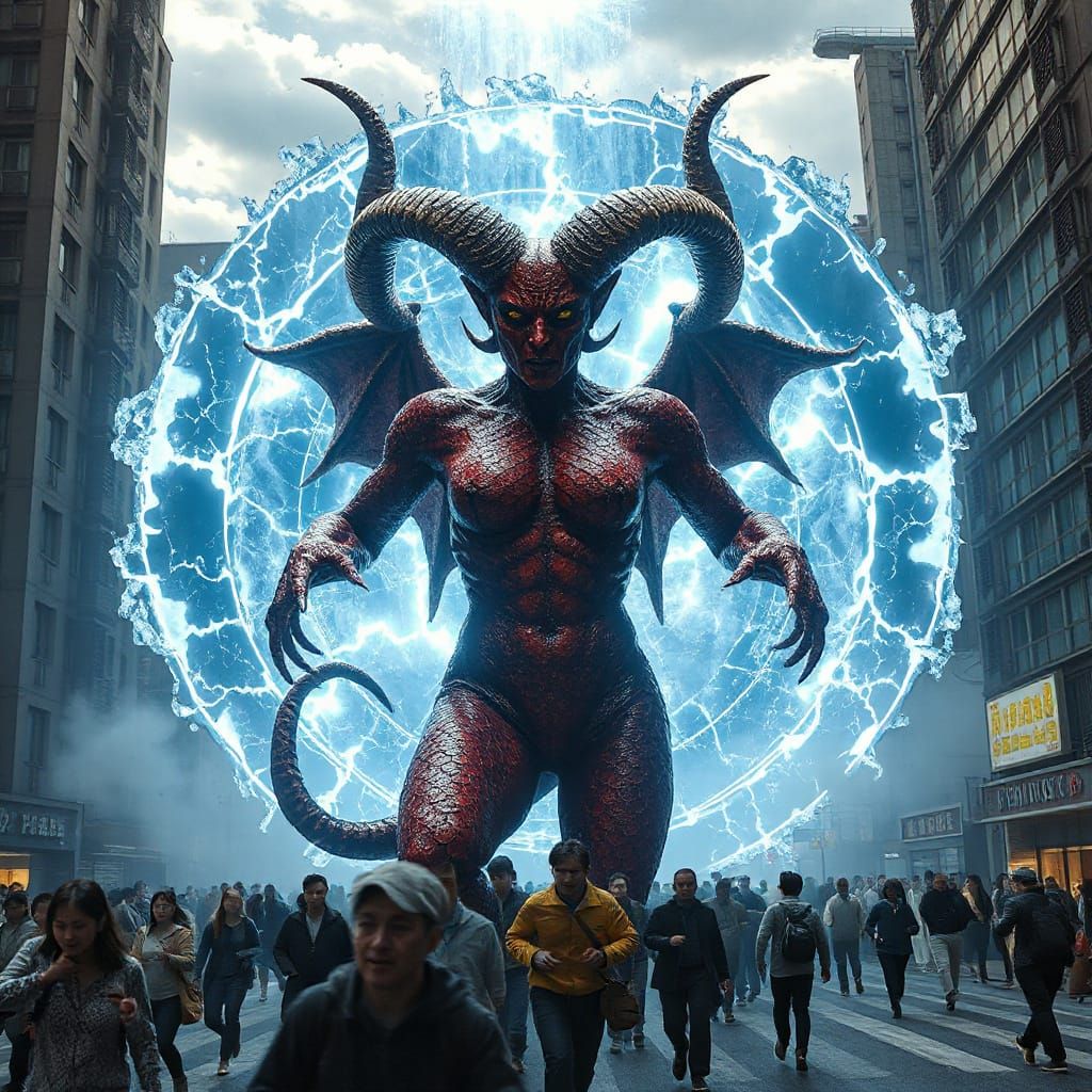 Demoness Emerges from Portal in Chaotic Cityscape