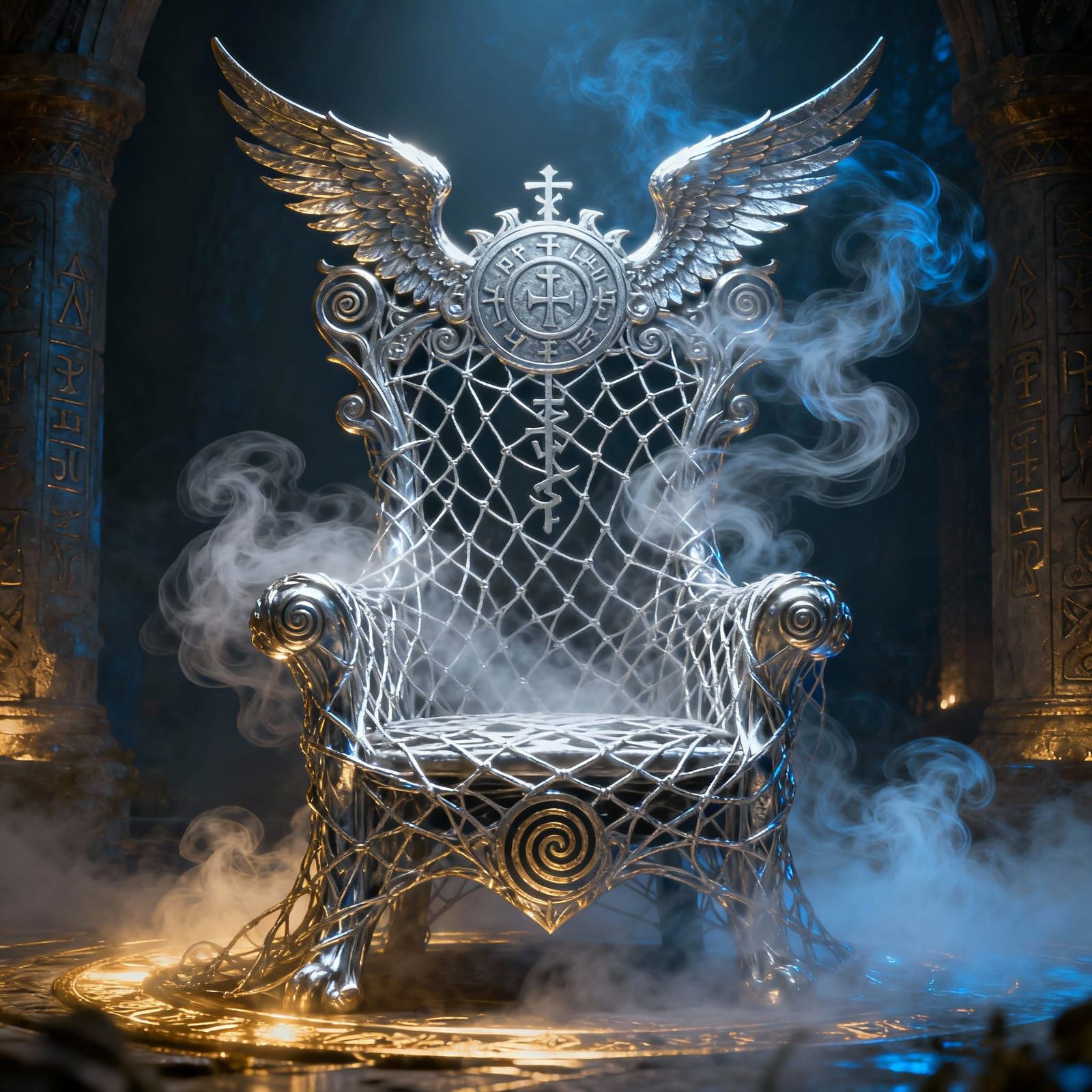 Majestic Silver Web Throne with Ornate Runes and Wings