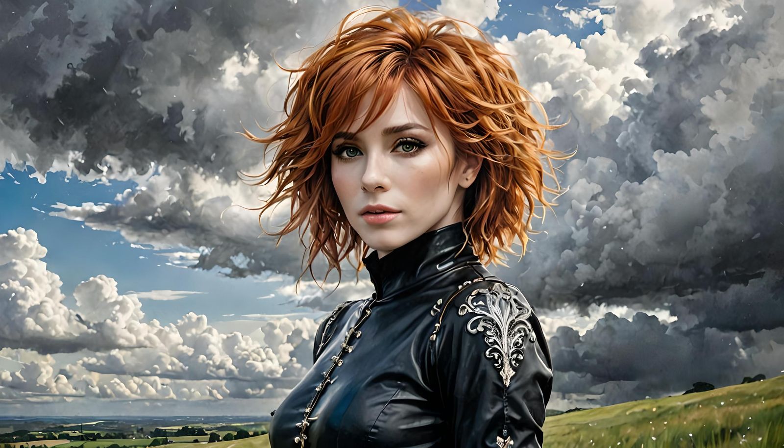 Blue-Eyed Woman in Fantasy Landscape, Digital Illustration