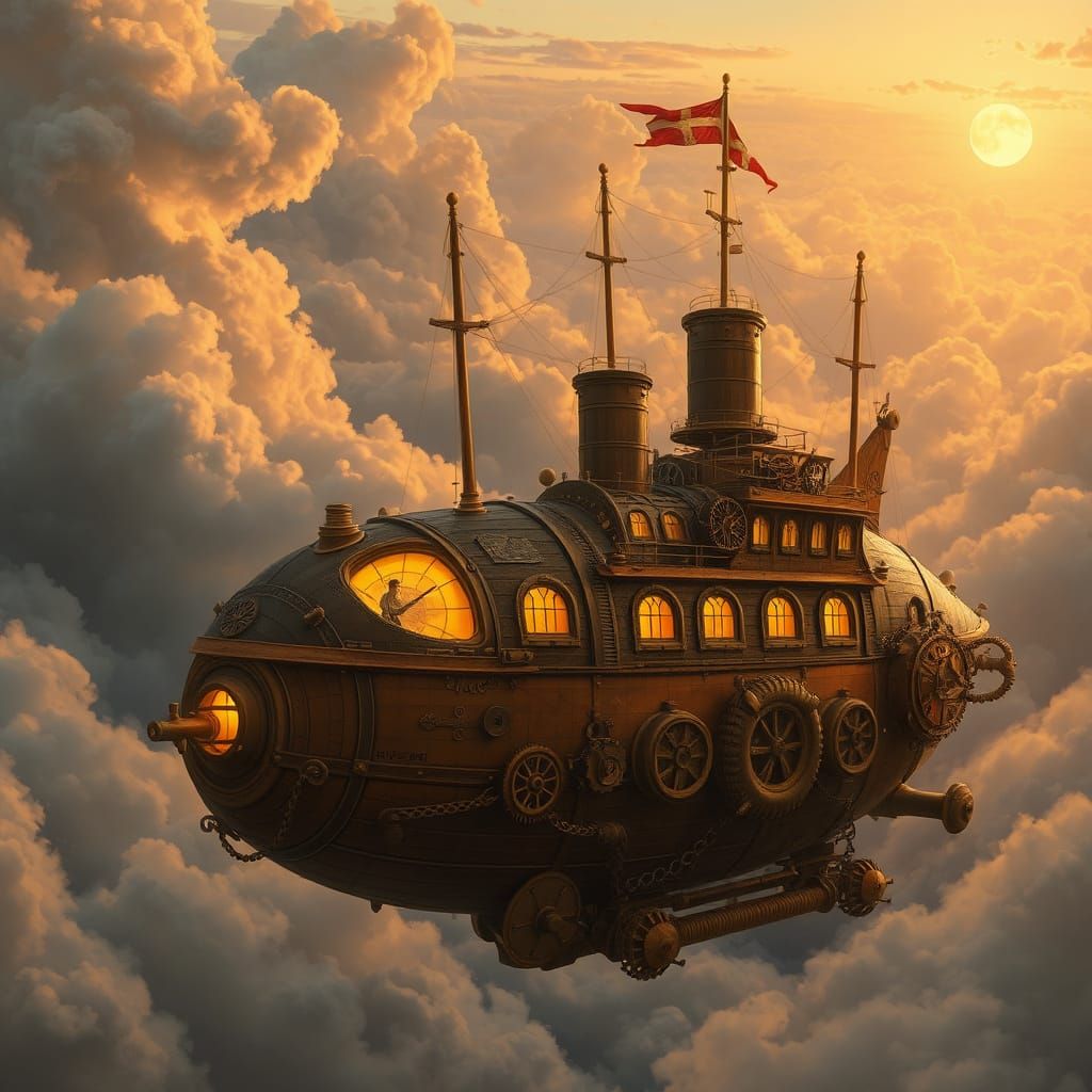 Steampunk Cat Airship Soaring Through Clockwork Skies