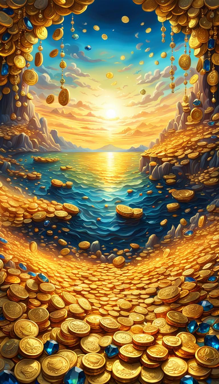 Vibrant Treasure Trove of Gold and Jewels in Oil Painting St...