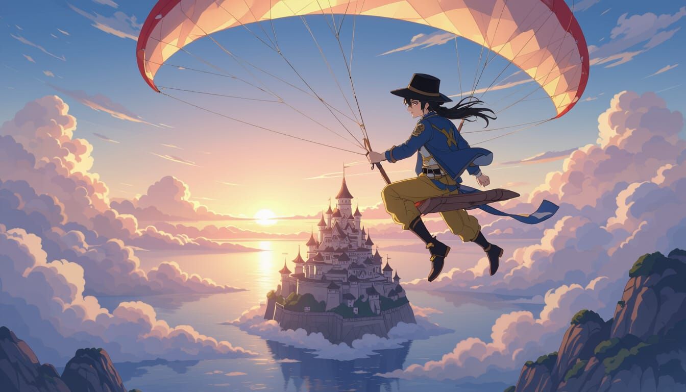 Anime Kite Rider Soaring Over Castle at Sunrise