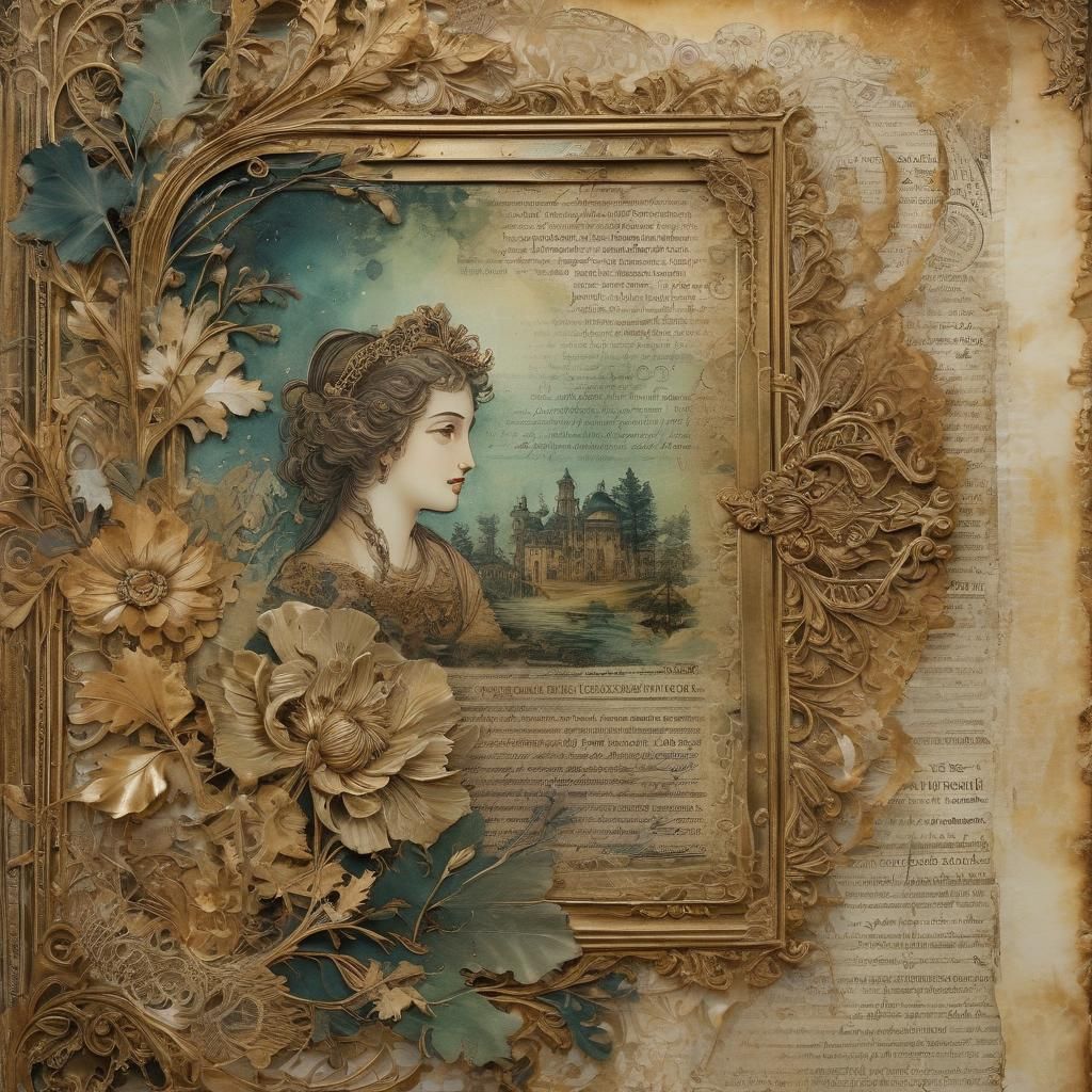 Antique Mixed Media Page with Watercolor and Ink