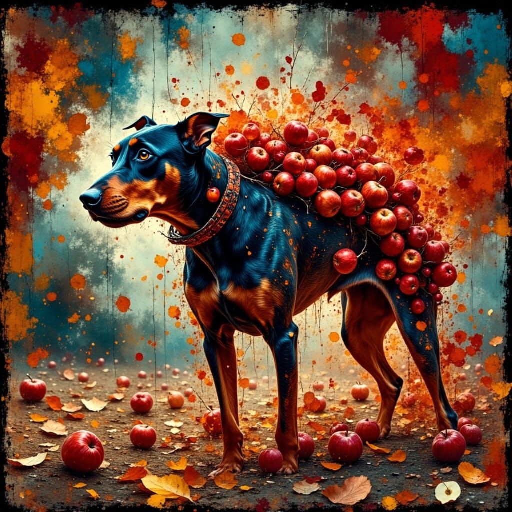Majestic Doberman Guards Apples in Autumn Dreamscape