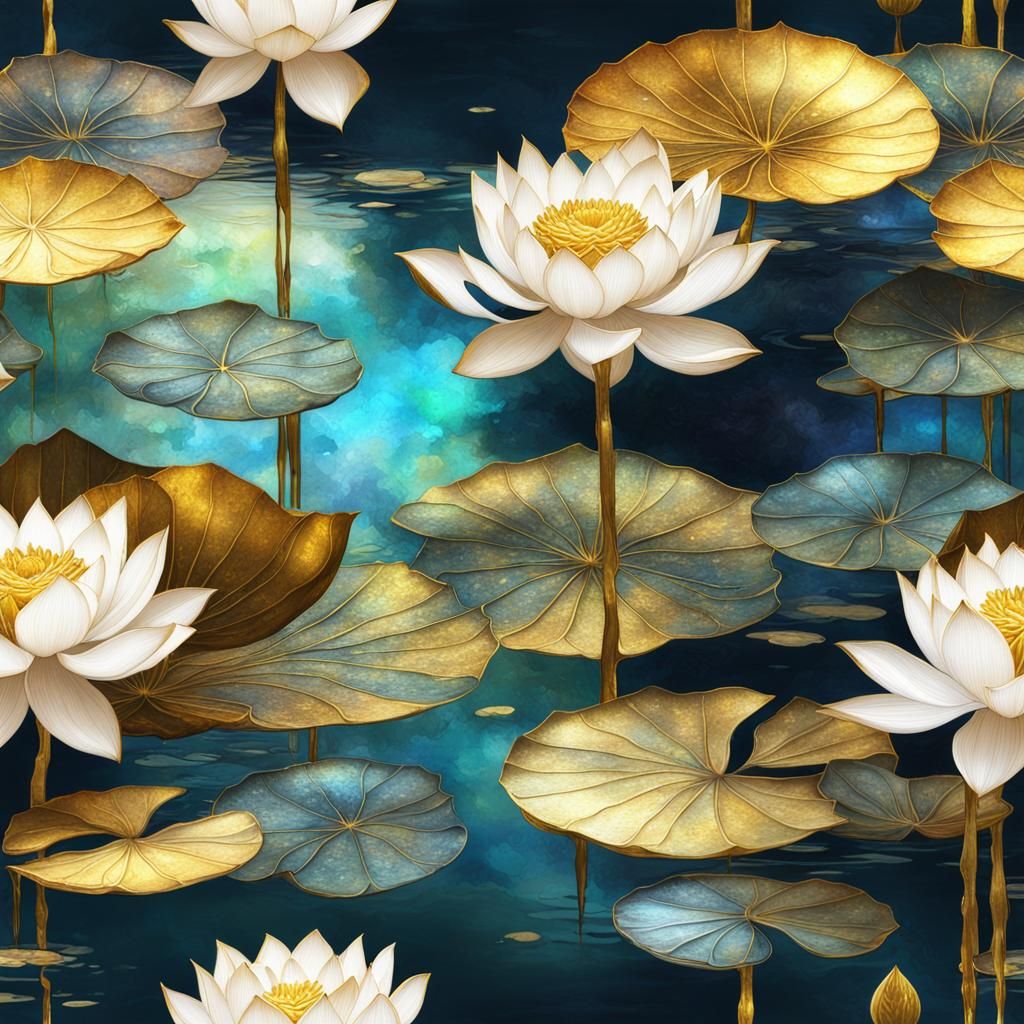 Golden Lotus Pond in Imperial Colors, Watercolor and Ink