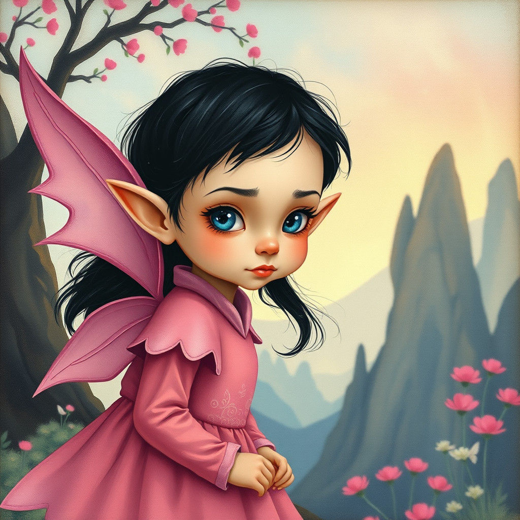 A little elf with black hair and wings