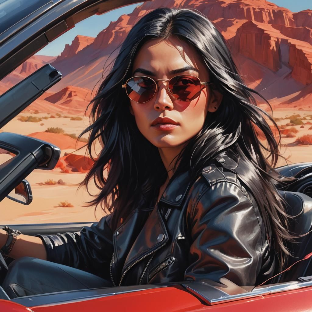 Woman on Red Car: Stylized Digital Portrait