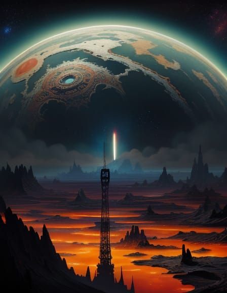 Retro Rocket Launch from Desolate Planet in Antique Photo