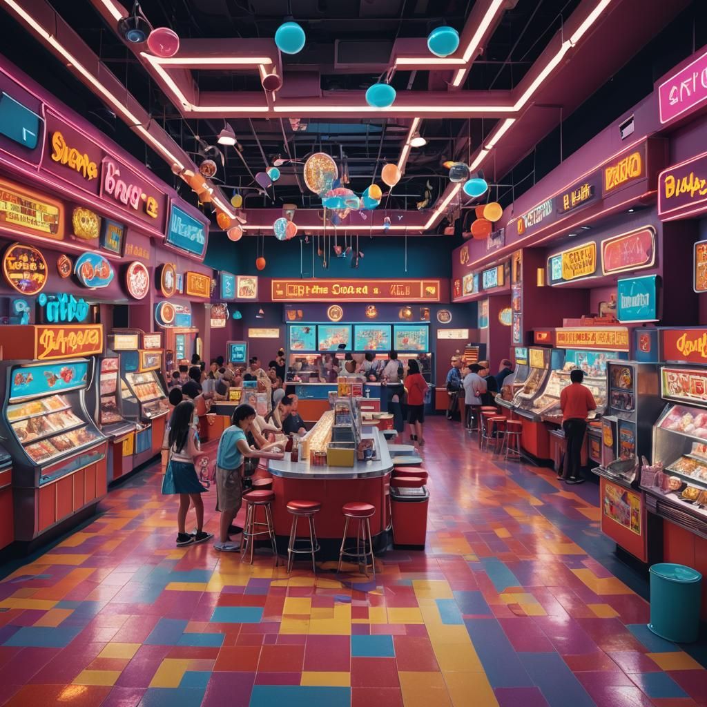 Retro-Futuristic 1980s Mall and Movie Theater Hybrid