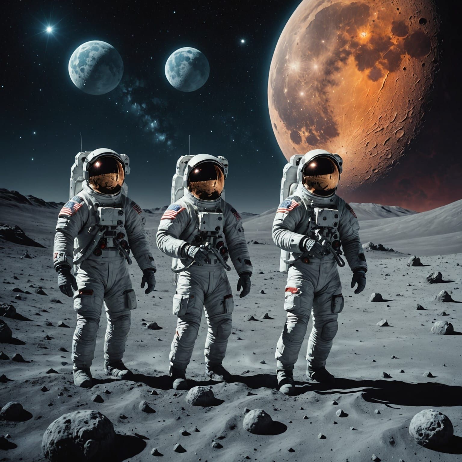 Astronauts Plant Flag on Crystal Moon Amidst Nebula