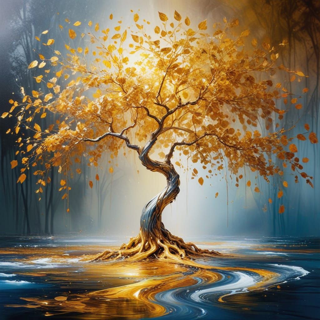 Vibrant Impressionist Tree Landscape with Golden Leaves