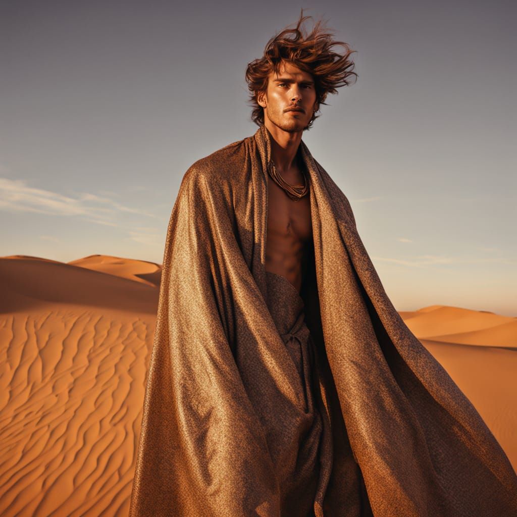 Male model with sun-bronzed skin, surfer-style shaggy hair, ...