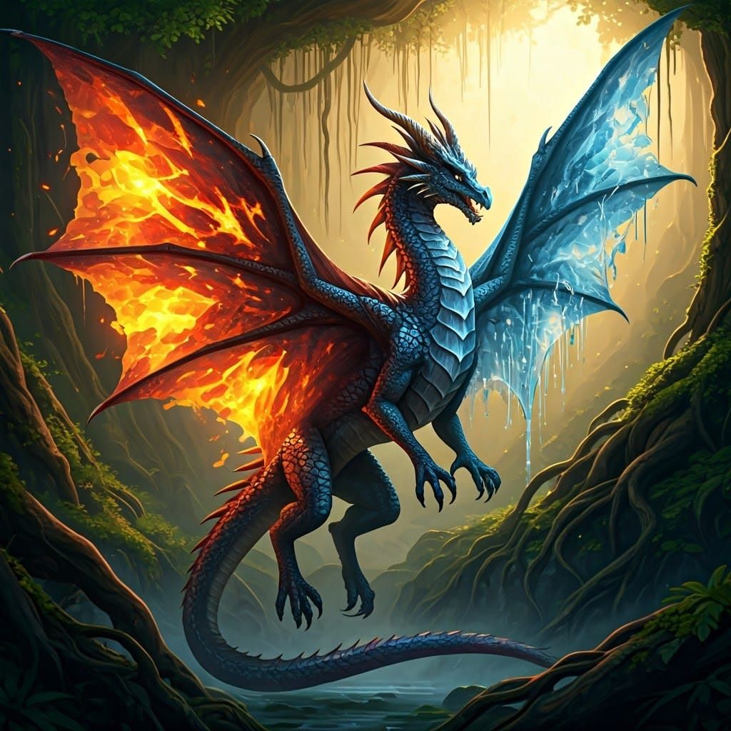Dual-Elemental Dragon with Wings of Fire and Water