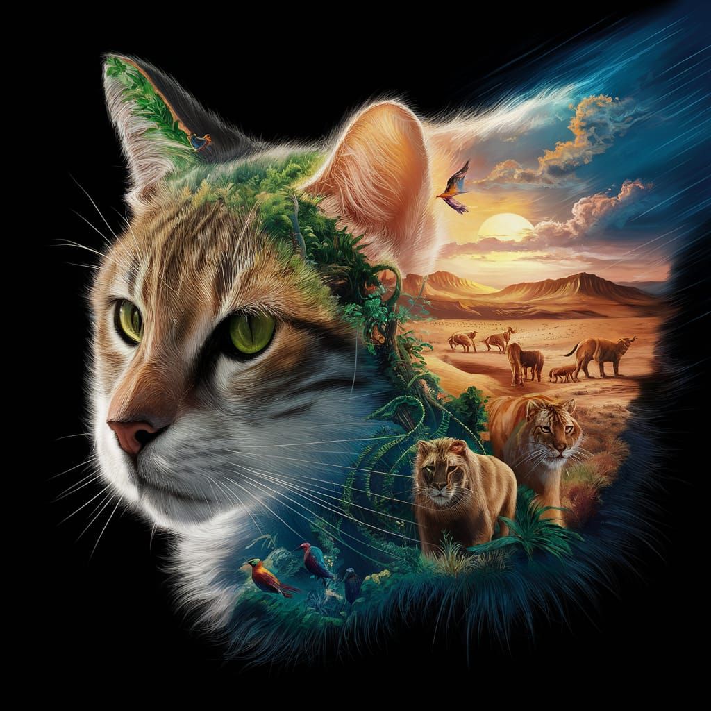 Dreamlike Cat Silhouette Filled with Surreal Landscapes