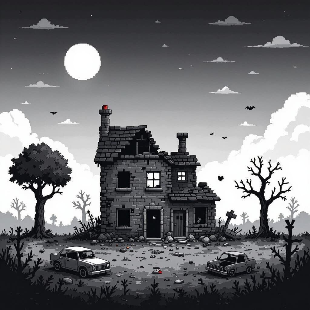 Post-Apocalyptic Cityscape in Pixel Art Style