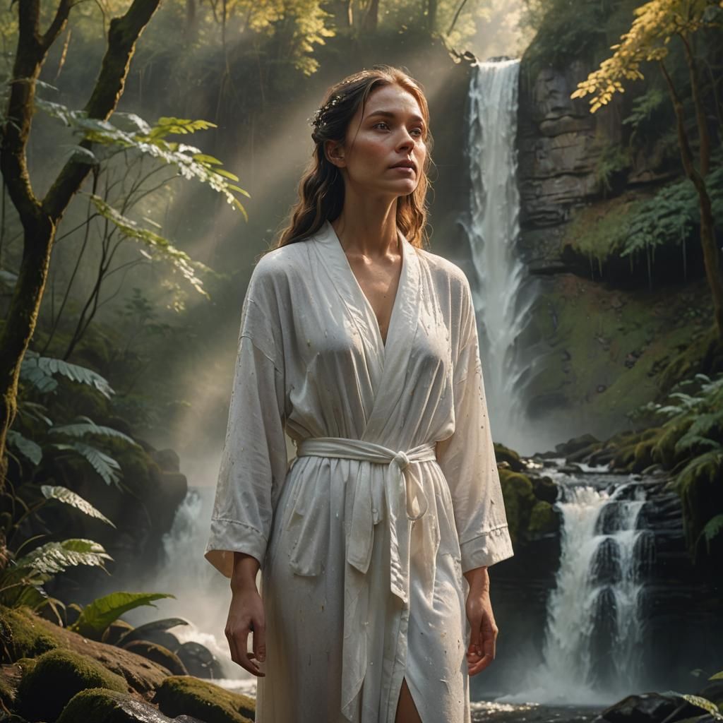 Woman in White Robe at Forest Waterfall