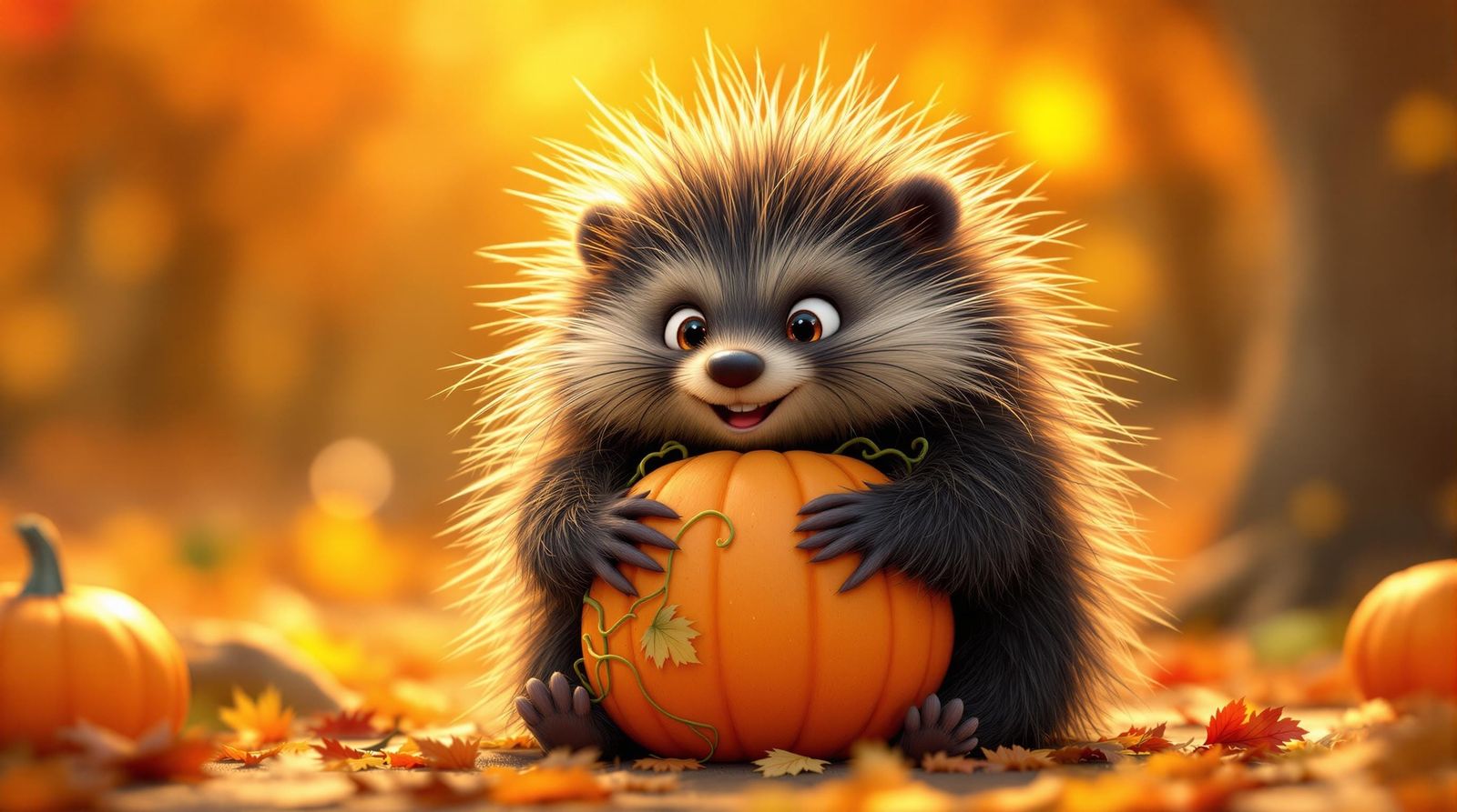 Cute 3D Porcupine Holding a Giant Pumpkin Closeup