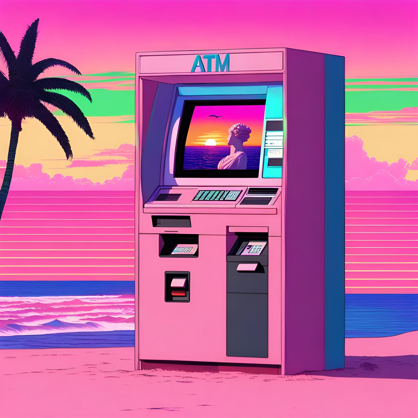 Vaporwave ATM on Beach at Sunset with Statue