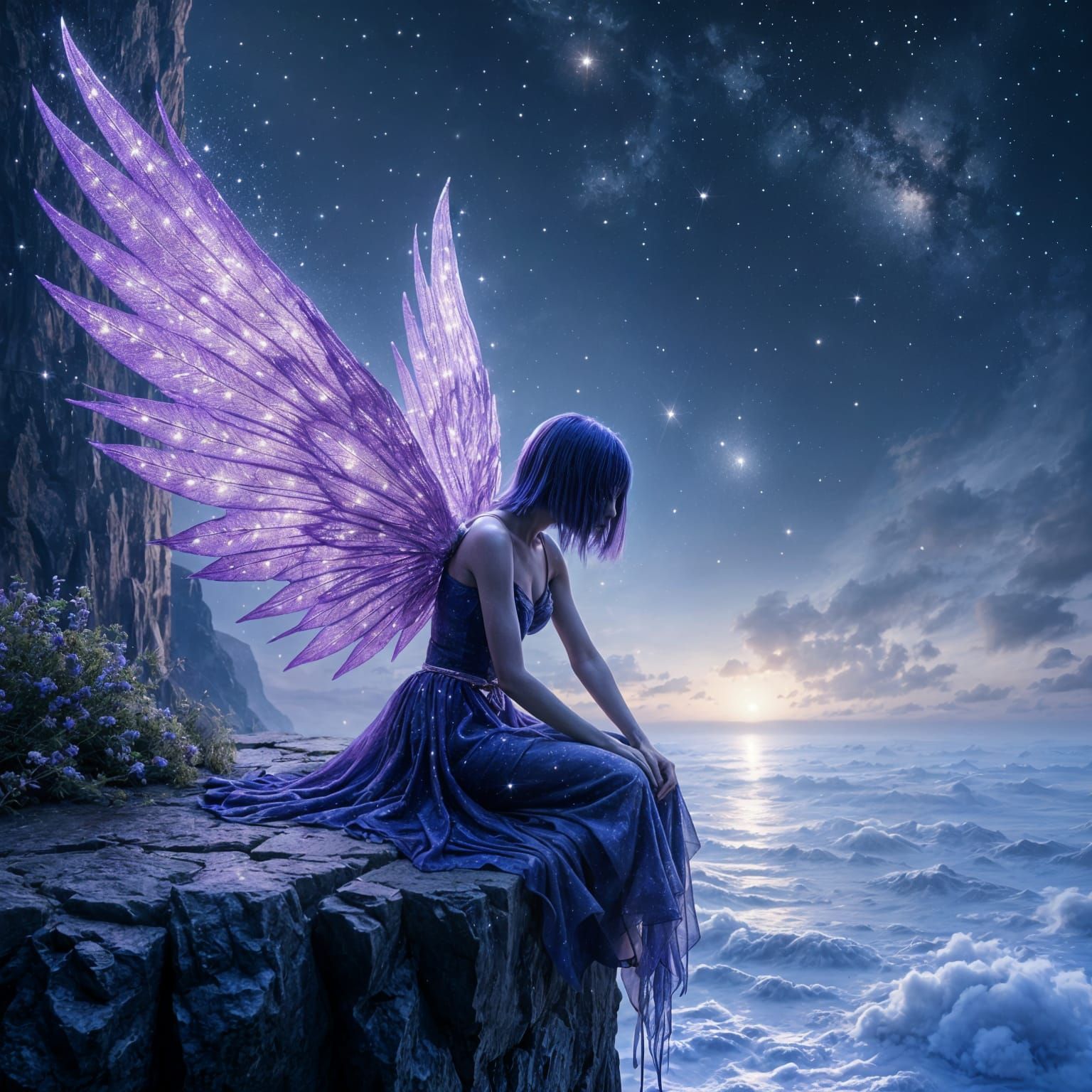 Majestic Angel with Stardust Wings Over Cosmic Ocean