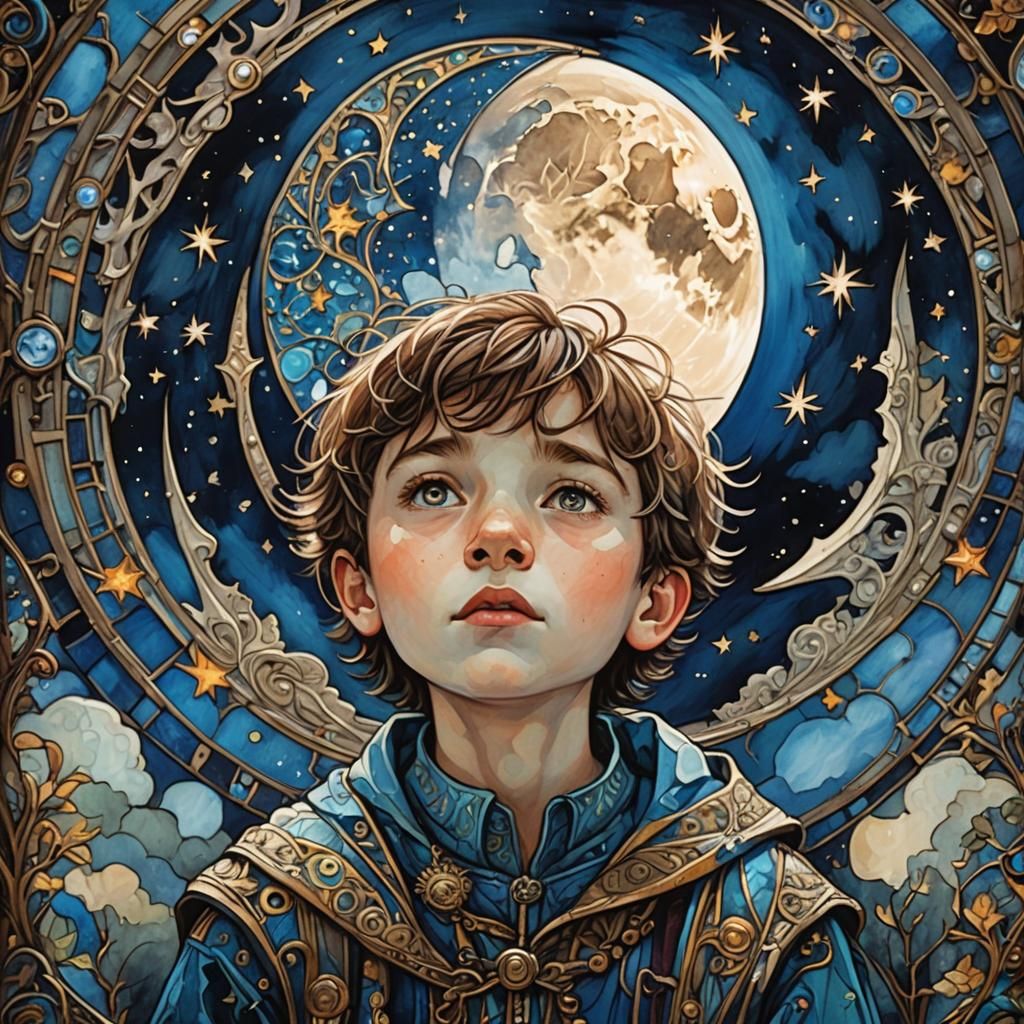 Boy Gazing at Moon in Art Brut Stained Glass Style