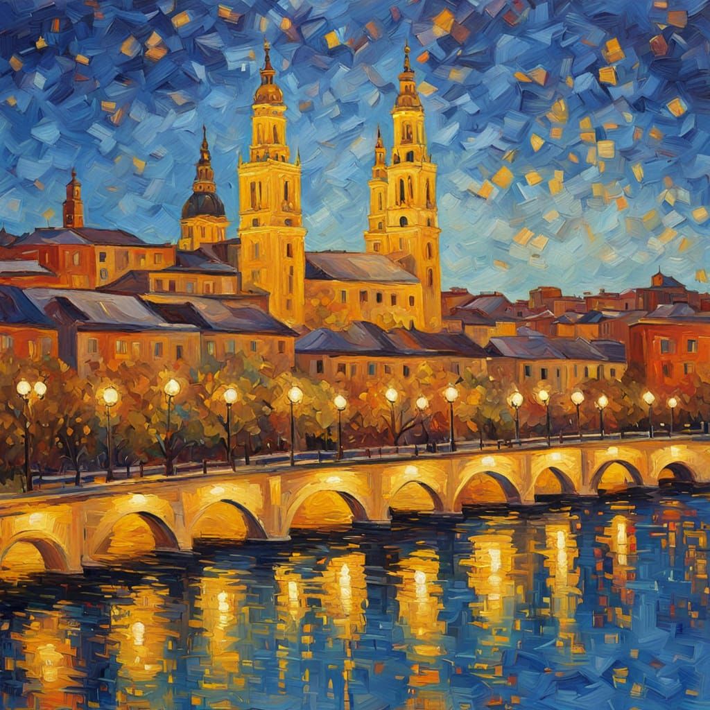Vibrant Zaragoza Cityscape in Expressive Neo-Impressionist S...