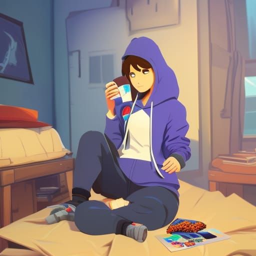 Girl wearing a blue hoodie and sweatpants streaming on twitch playing fortnite eating Doritos and drinking Pepsi in her ...