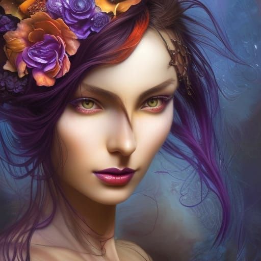 Neovictorian Beauty in Purple and Orange, Detailed Portrait