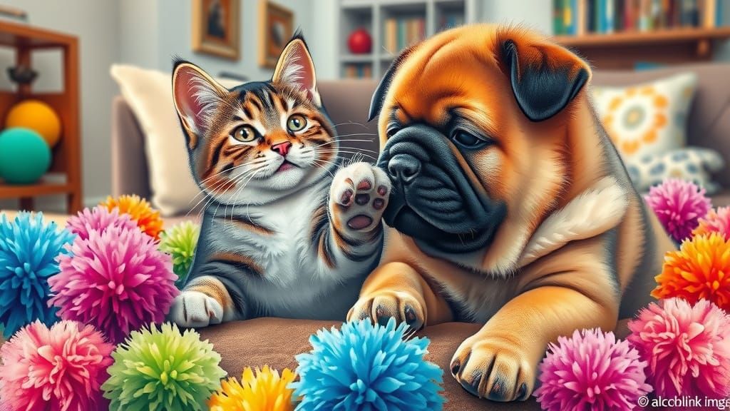 Tabby Cat and Puppy Play With Pompoms