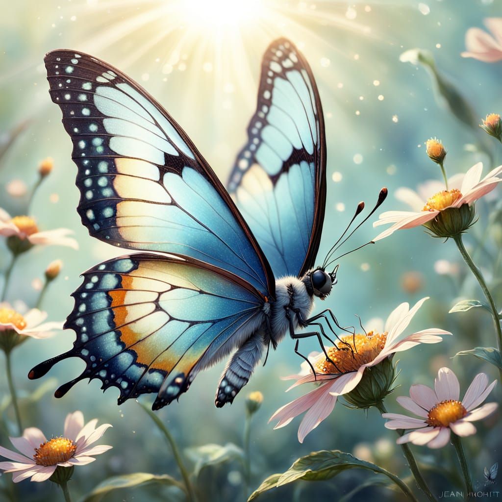 Shimmering Butterfly on Flower in Fantasy Art Style