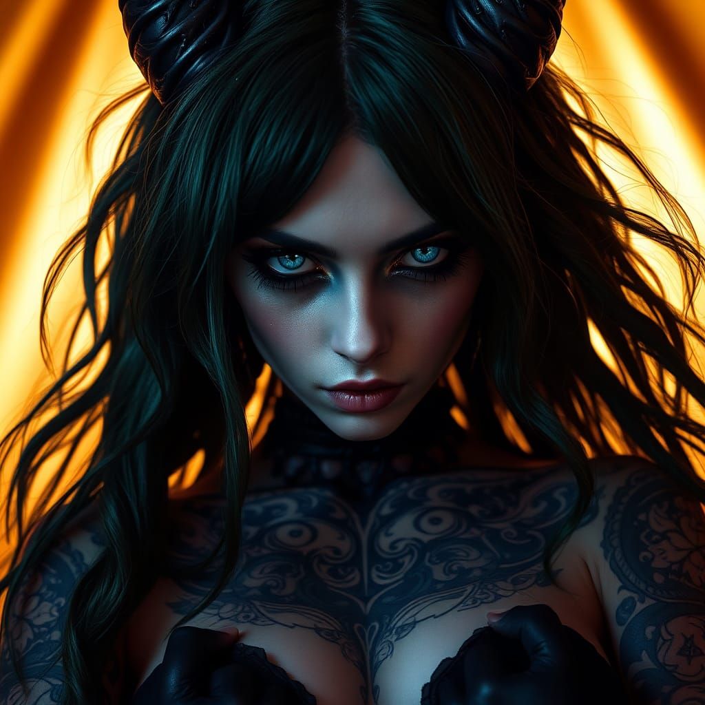 Gothic Demon Woman with Tattoos and Piercings