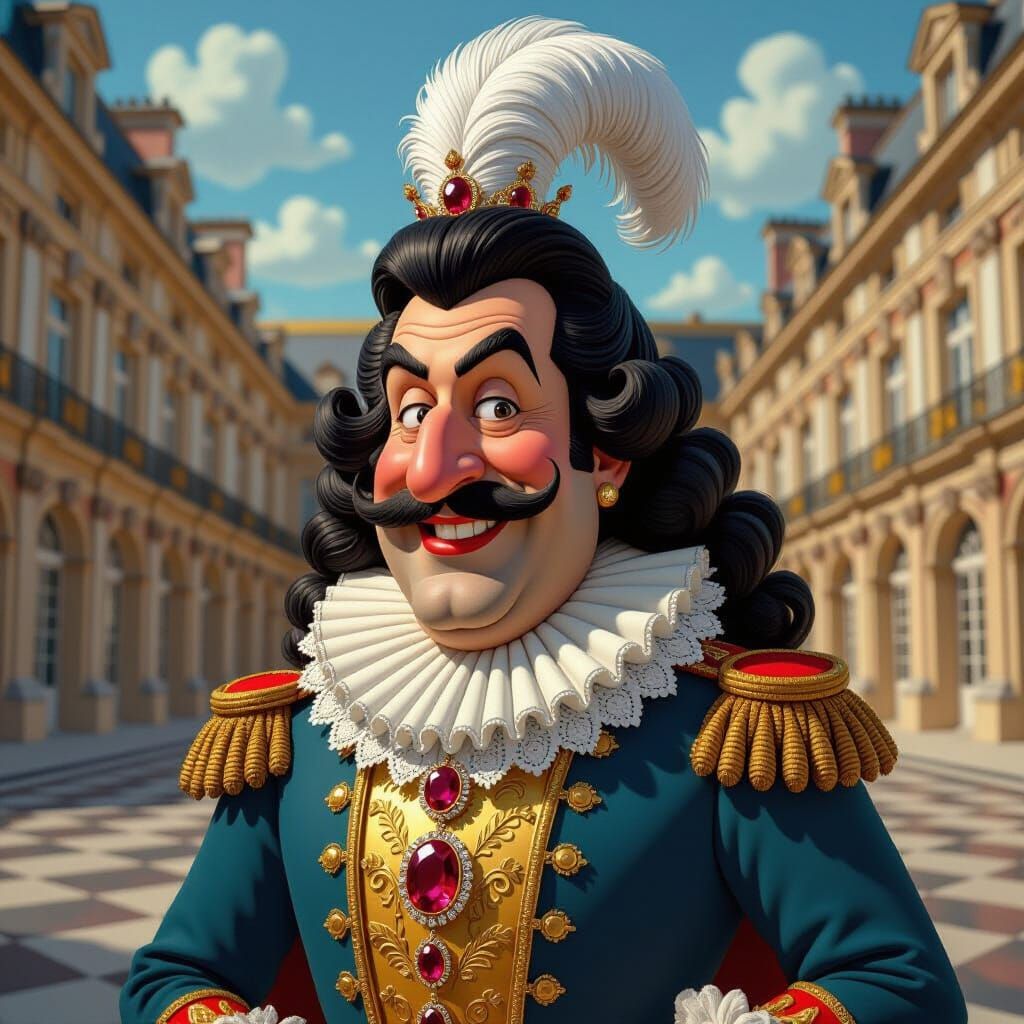 Exaggerated King Louis XIV Caricature in Cartoon Style