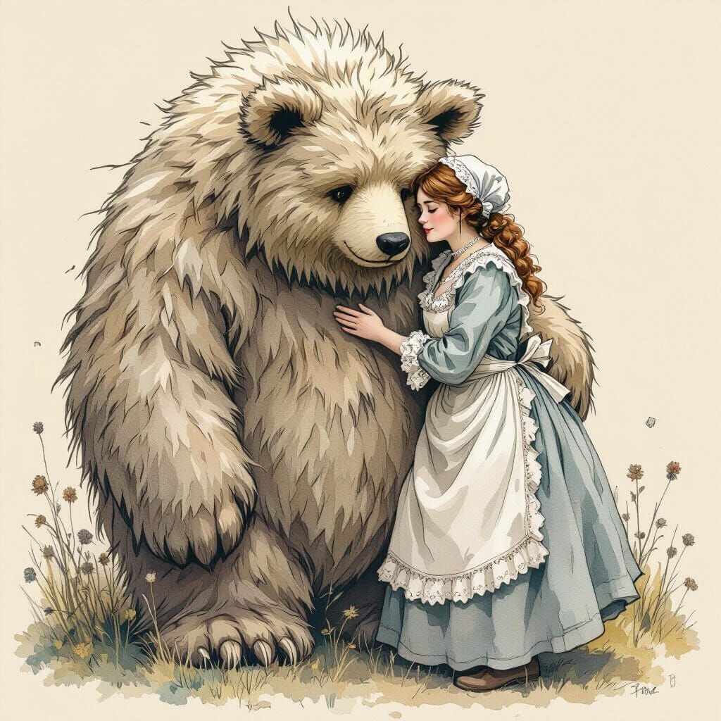 A lady wearing a tattered milking gown leaning against a gia...