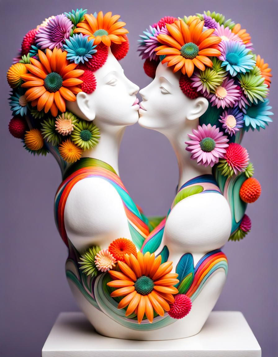 Surreal Couple Sculpture with Floral Heads in Maximilism