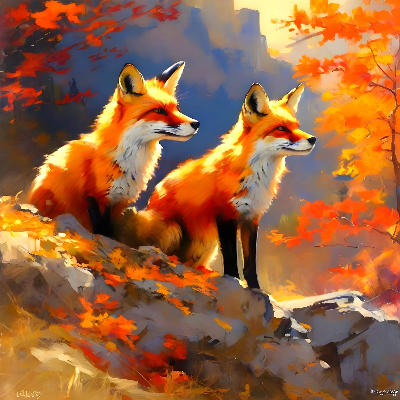 Red Fox in Autumn Landscape Oil Painting
