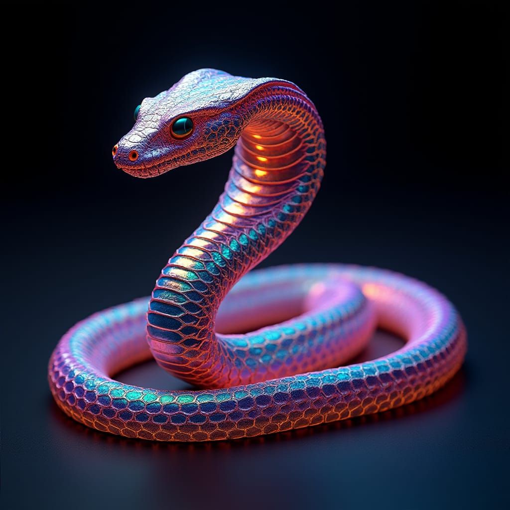 Iridescent Cobra in Mystical Realm, Hand-Painted Style