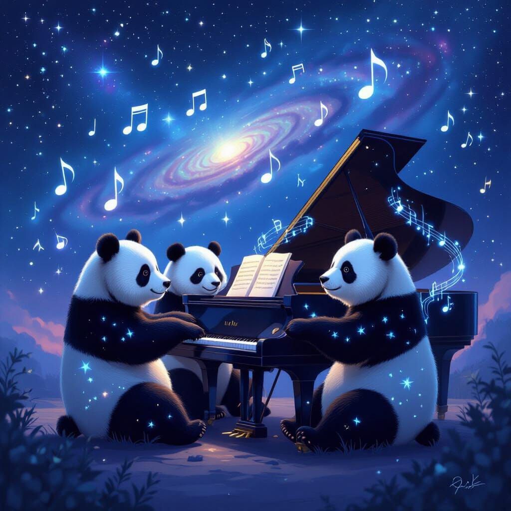 Astral Panda Bears Play Piano Under Starry Sky