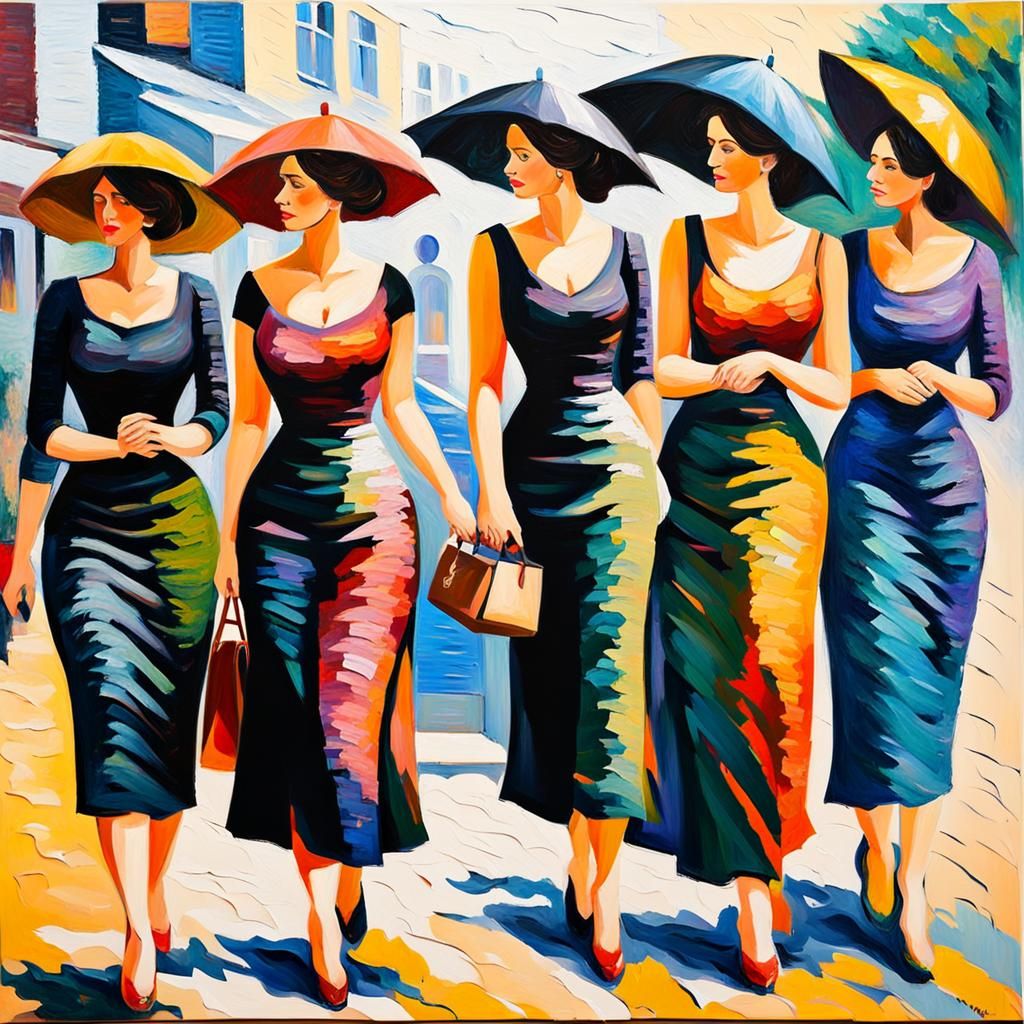 Elegant Ladies in Black: An Expressionist Oil Painting