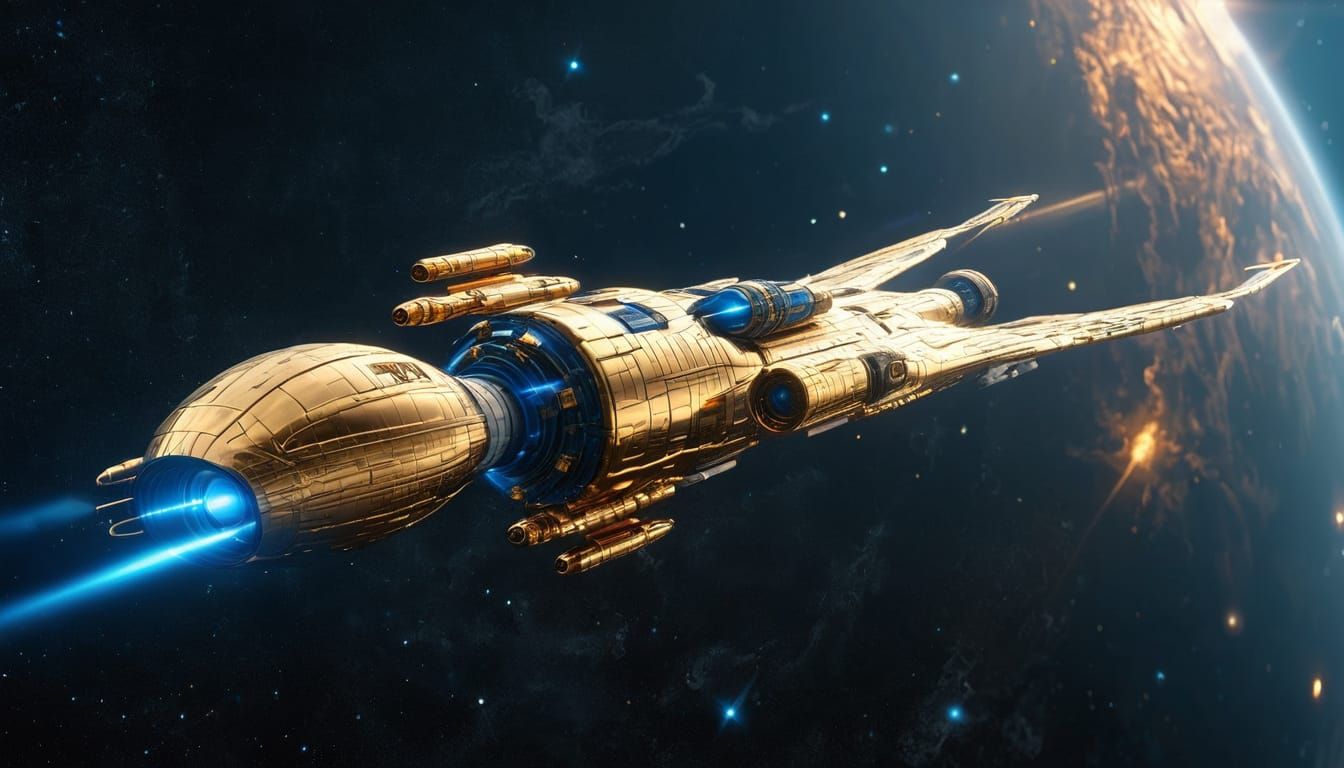 Gold and Blue Star Cruiser Orbits Black Hole in Hyperrealist...