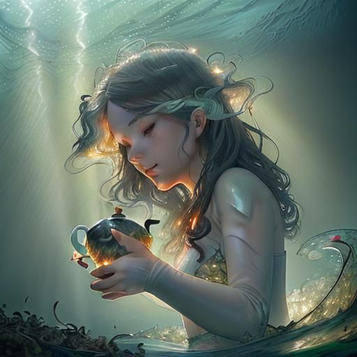 Cute Sea Otter in Tea Glass, Digital Art