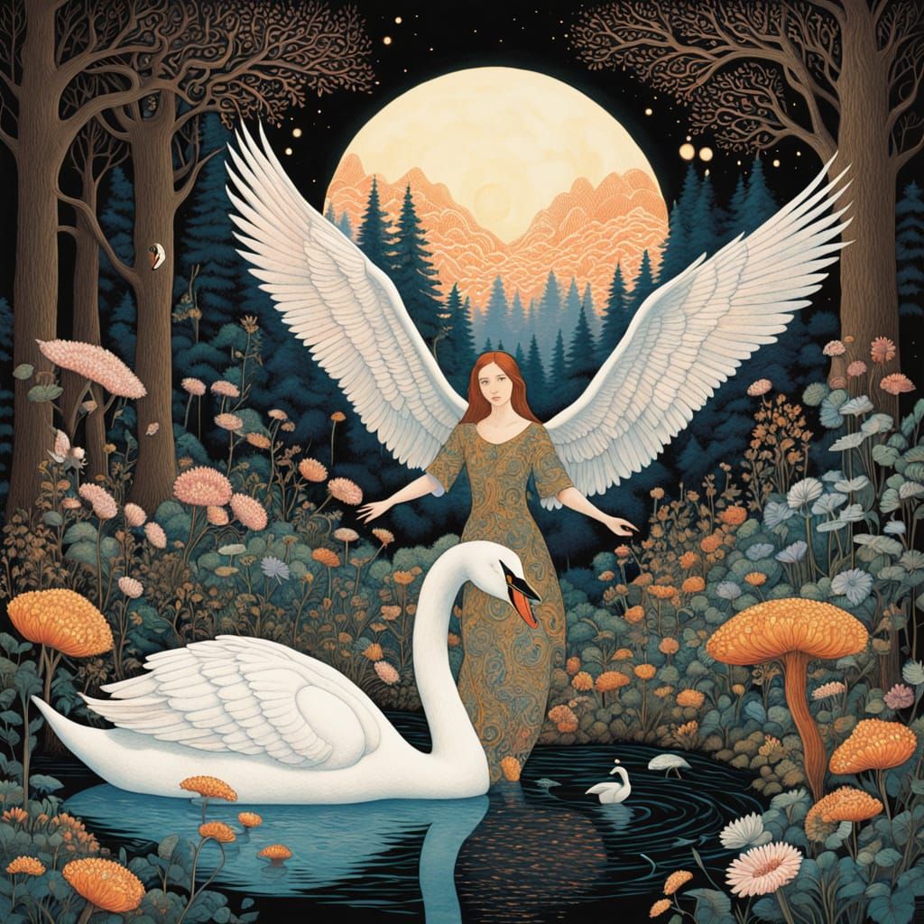 Women in Whimsical, Klimt-Inspired Forest Scene with Swan Wi...