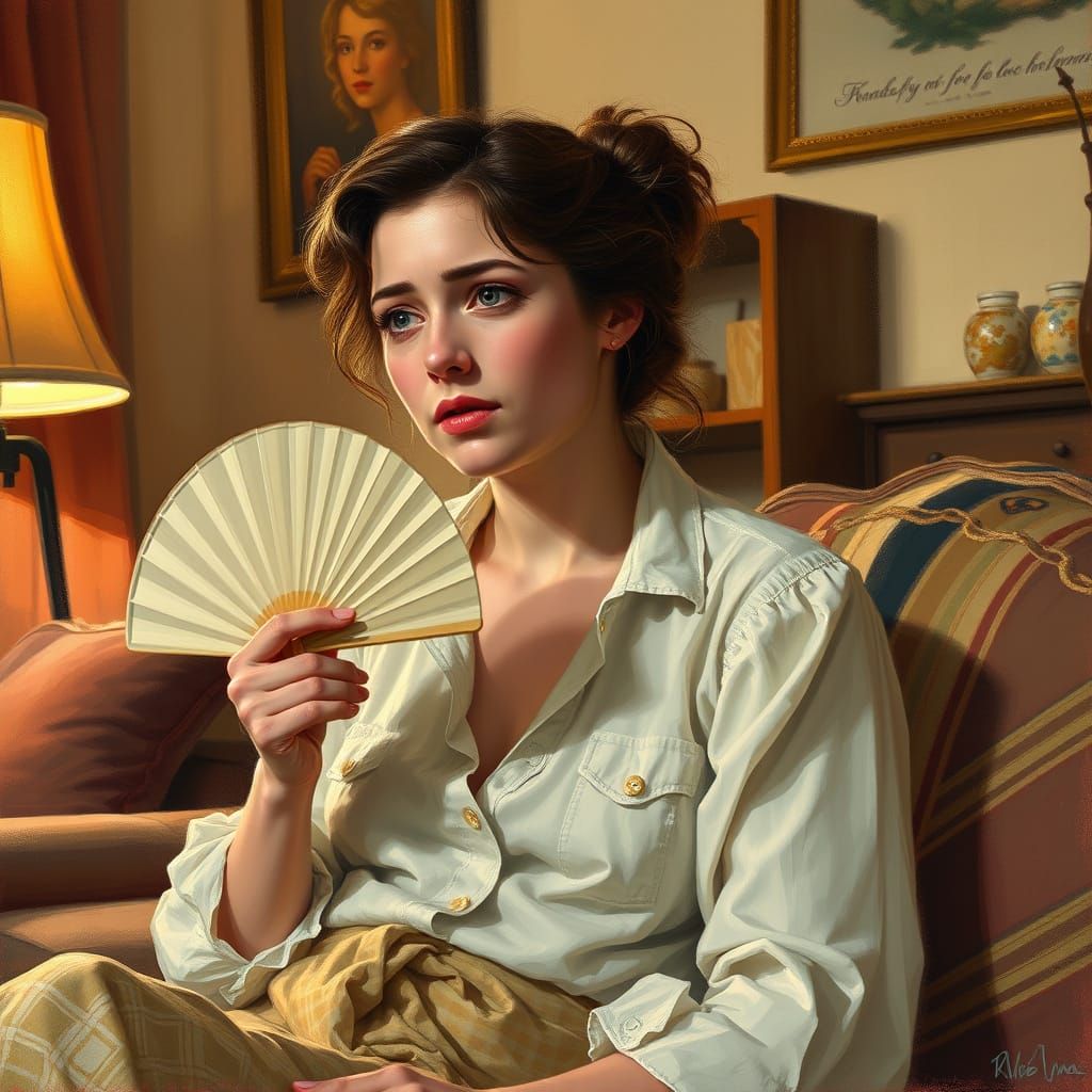 Woman Overheated in Cozy Impressionist Living Room