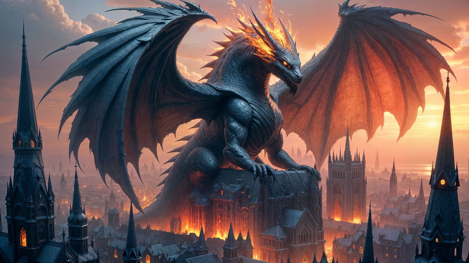 Ancient Obsidian Dragon Over Gothic City